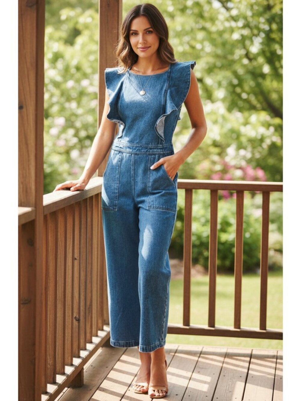 Ruffled Cross Back Sleeveless Denim Straight Leg Pants One-Piece Jumpsuit